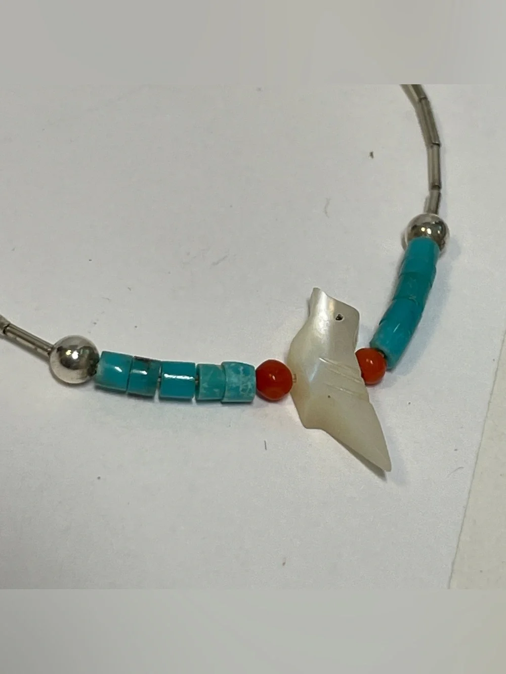 Native American SW Style Silver, Turquoise  Coral Bird Necklace, 21”, 4.40g